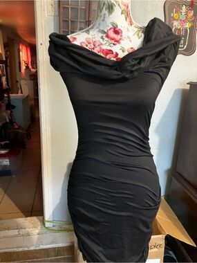 Off-Shoulder Black Mini Dress - Sleek Ruched Silhouette